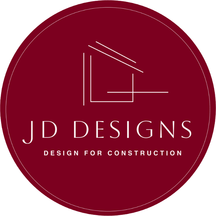 Logo of JD Designs, featuring a minimalist house outline and the text "JD Designs" above "Design for Construction," all within a maroon circle.